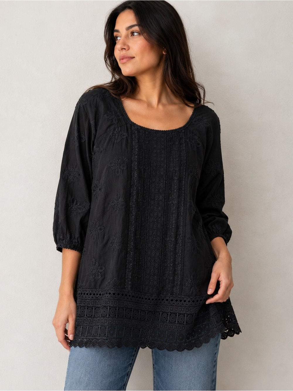 Johnny Was Black Embroidered Cotton Tunic Top